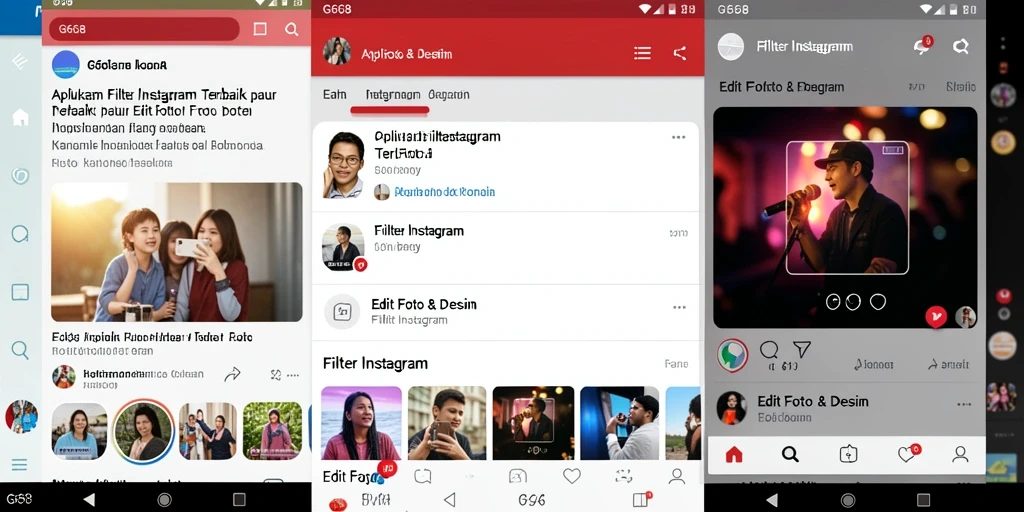 Tampilan antarmuka aplikasi G668 dengan berbagai pilihan filter Instagram.
